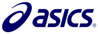 Diverso logo de Asics en color azul sobre fondo blanco.