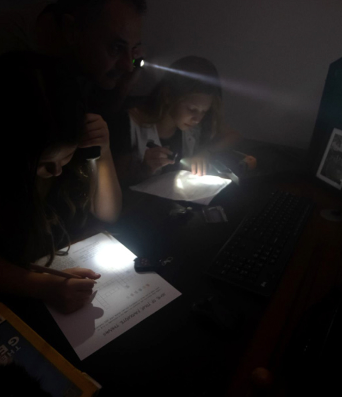 Puzzle-solving team at an escape room in Stockholm, using flashlights to find clues in a dark environment.