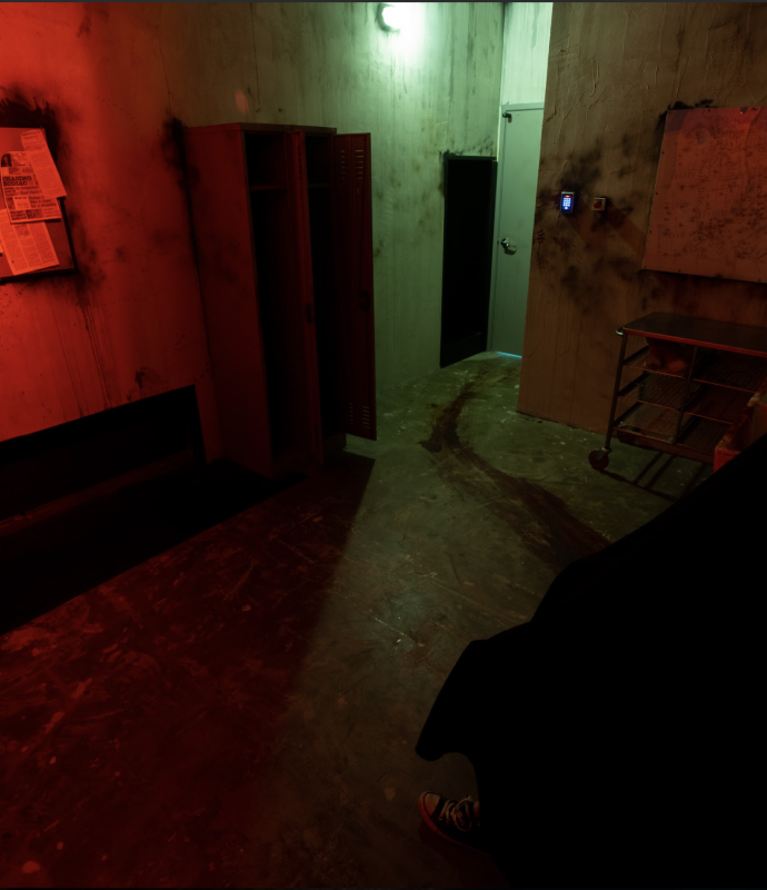 Dark corridor with lockers and dim lighting at Roomescape by Fox in a Box Stockholm.