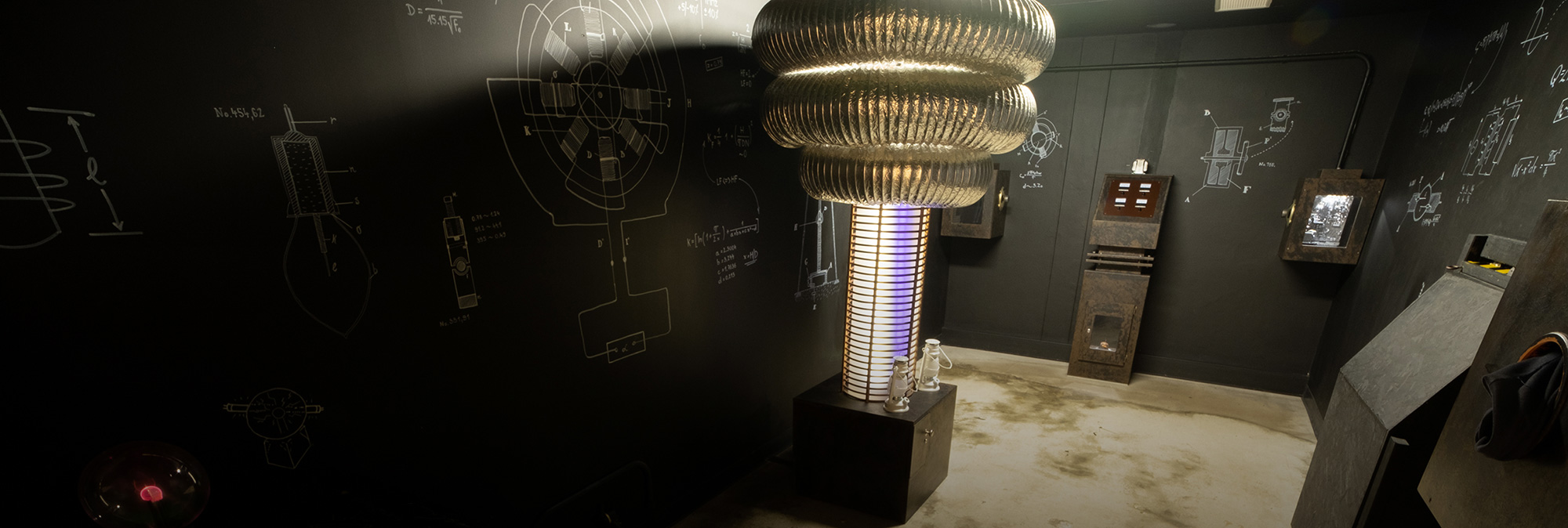 Vector image of an escape room with scientific and technological props and wall drawings.