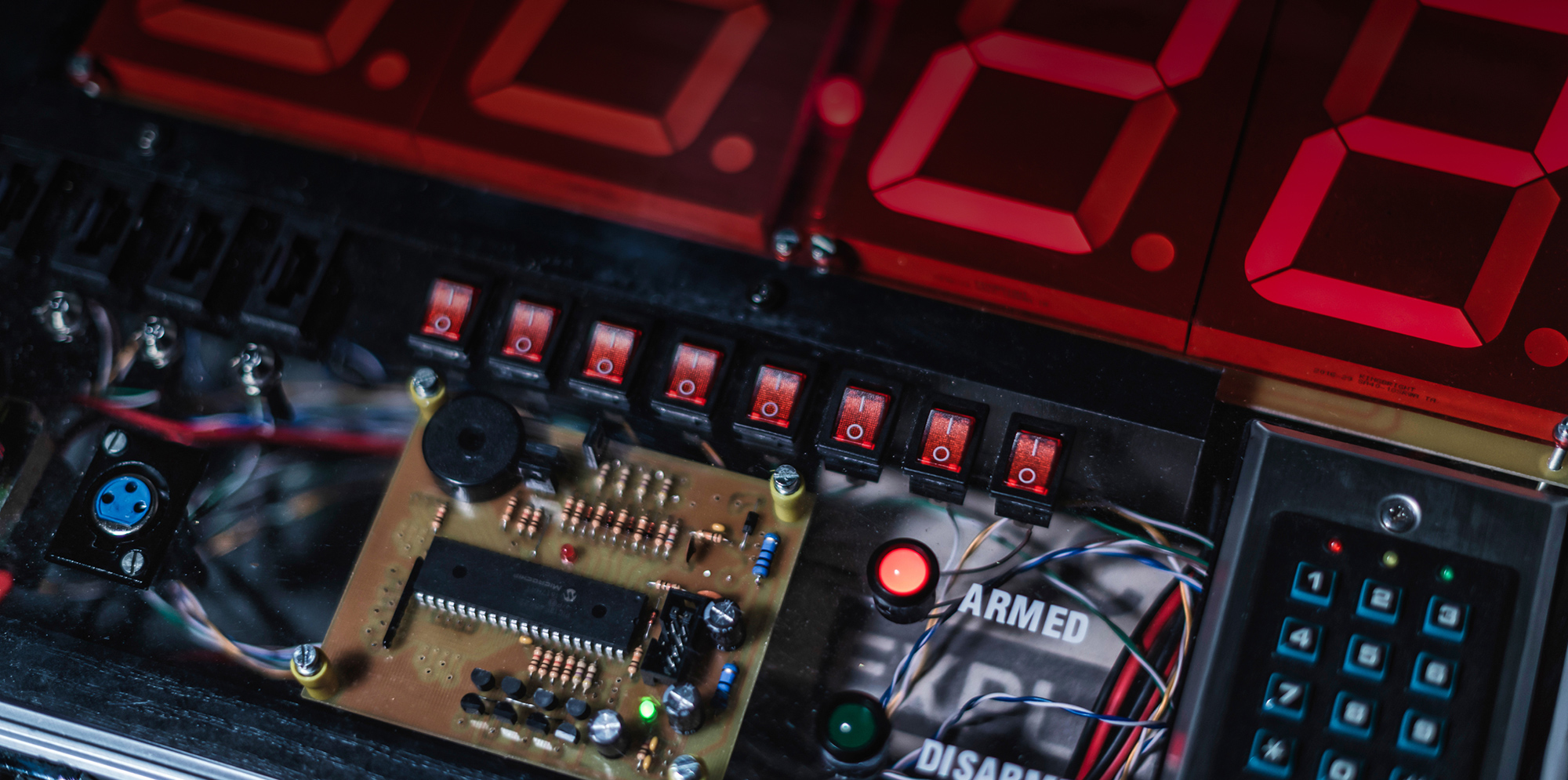 Electronic circuitry and control panel in an escape room game at Fox in a Box Stockholm.