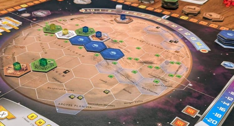 Board game setup for space-themed escape room at Fox in a Box Stockholm.